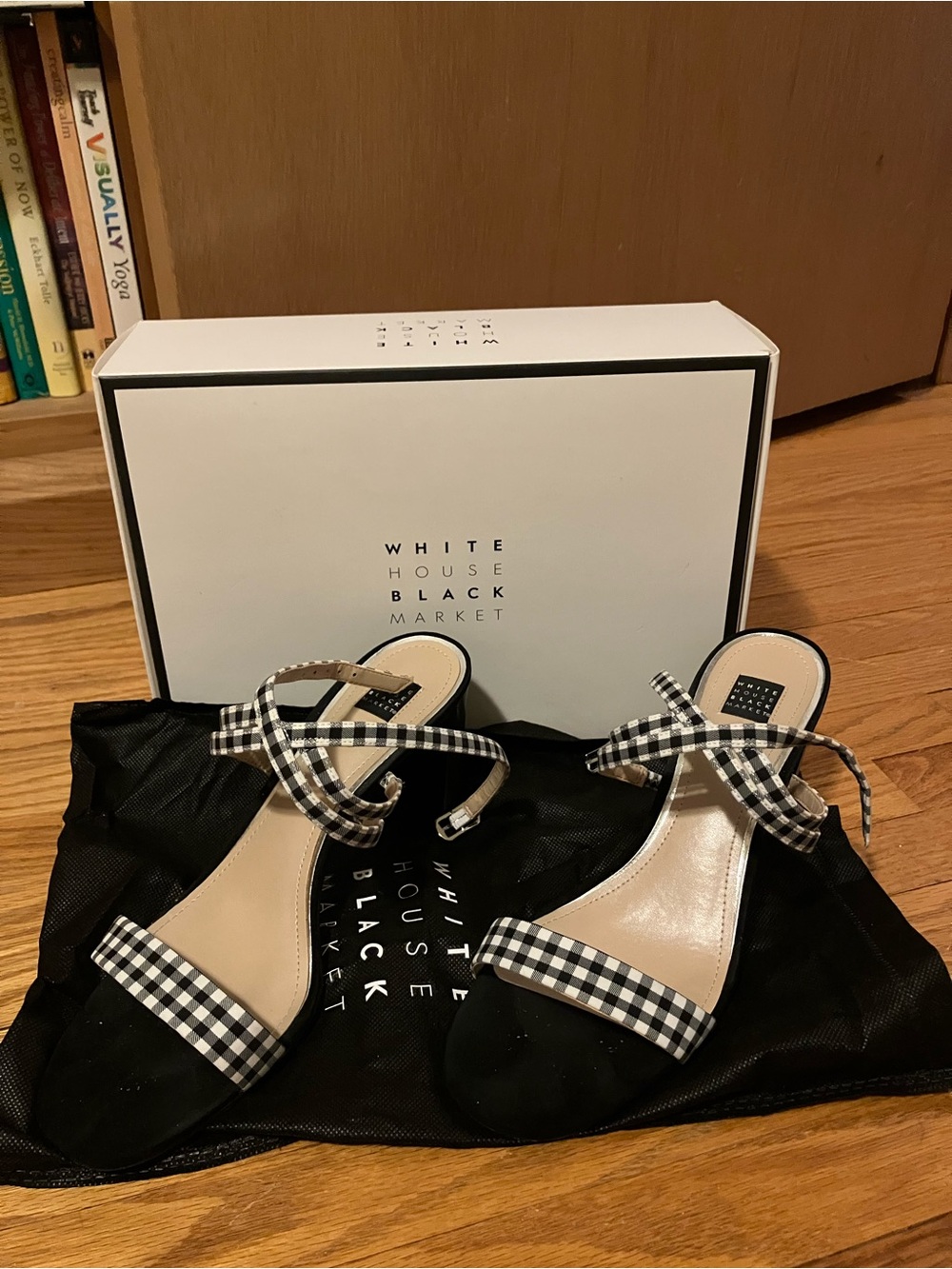 White House Black Market Black & White Gingham Ankle-Tie Sandals